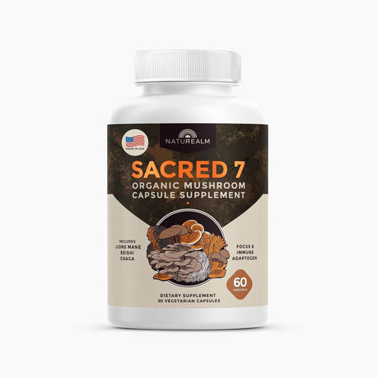 Naturealm Sacred 7 Organic Mushroom Extract Capsules – 90 Vegetarian Capsules – Immune Support & Focus