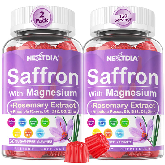 Nextdia Saffron Gummies – 4 Months, 2-Pack with Magnesium Glycinate & Rhodiola for Calm, Focus & Rest