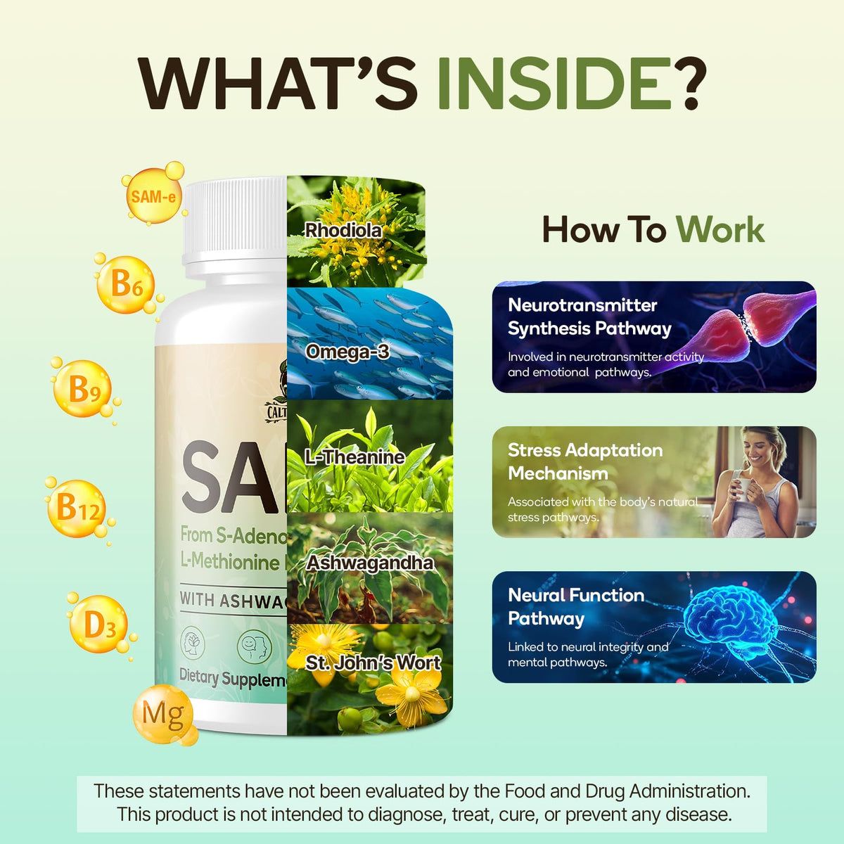 SAM-e Supplement – Capsule Complex with Ashwagandha, L-Theanine, Rhodiola, St. John’s Wort, Omega-3, Magnesium, B Vitamins & D3 (60 Capsules)