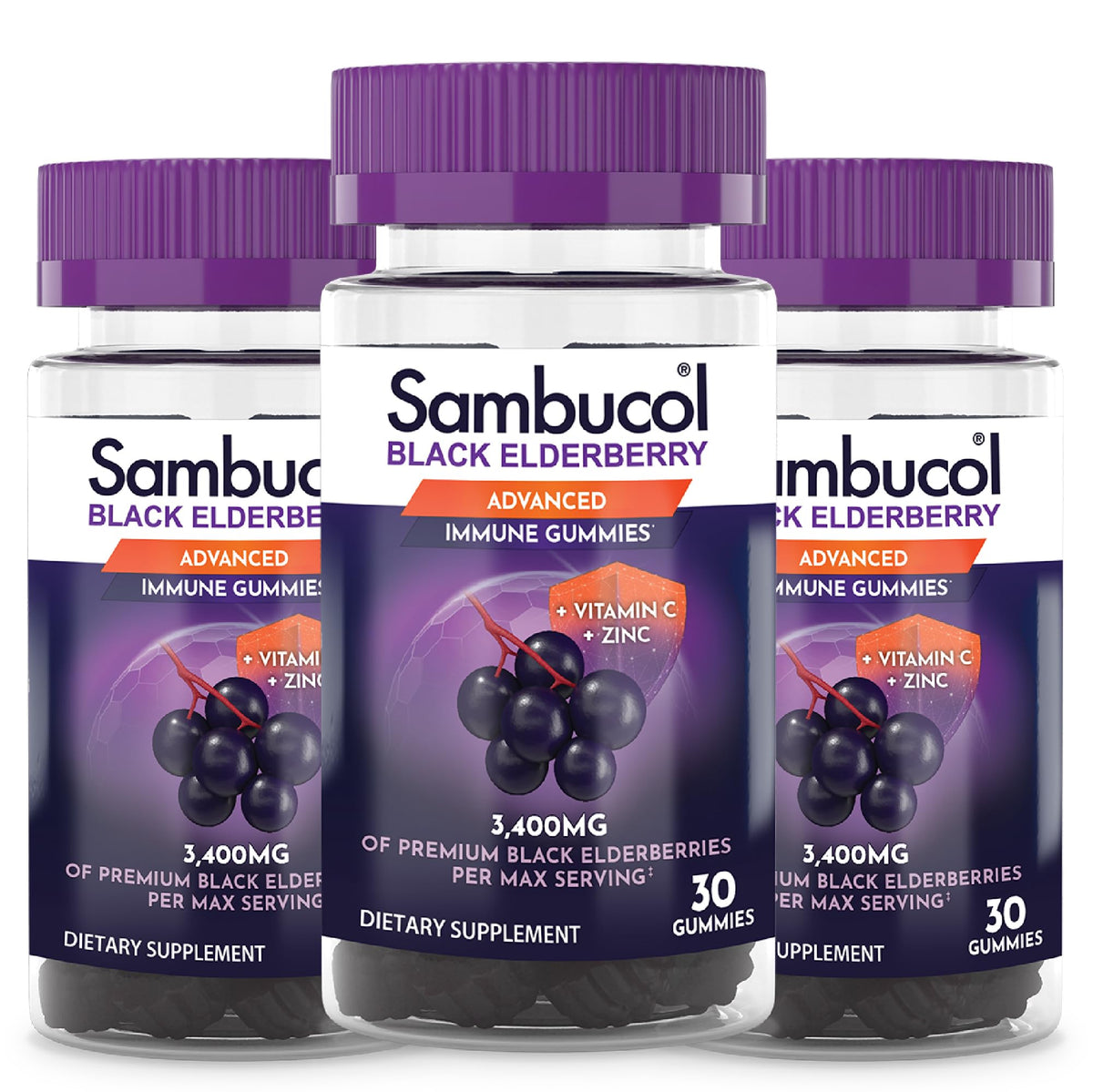 Sambucol Black Elderberry Gummies – Immune Support with Zinc & Vitamin C for Adults | 30 Count x 3-Pack
