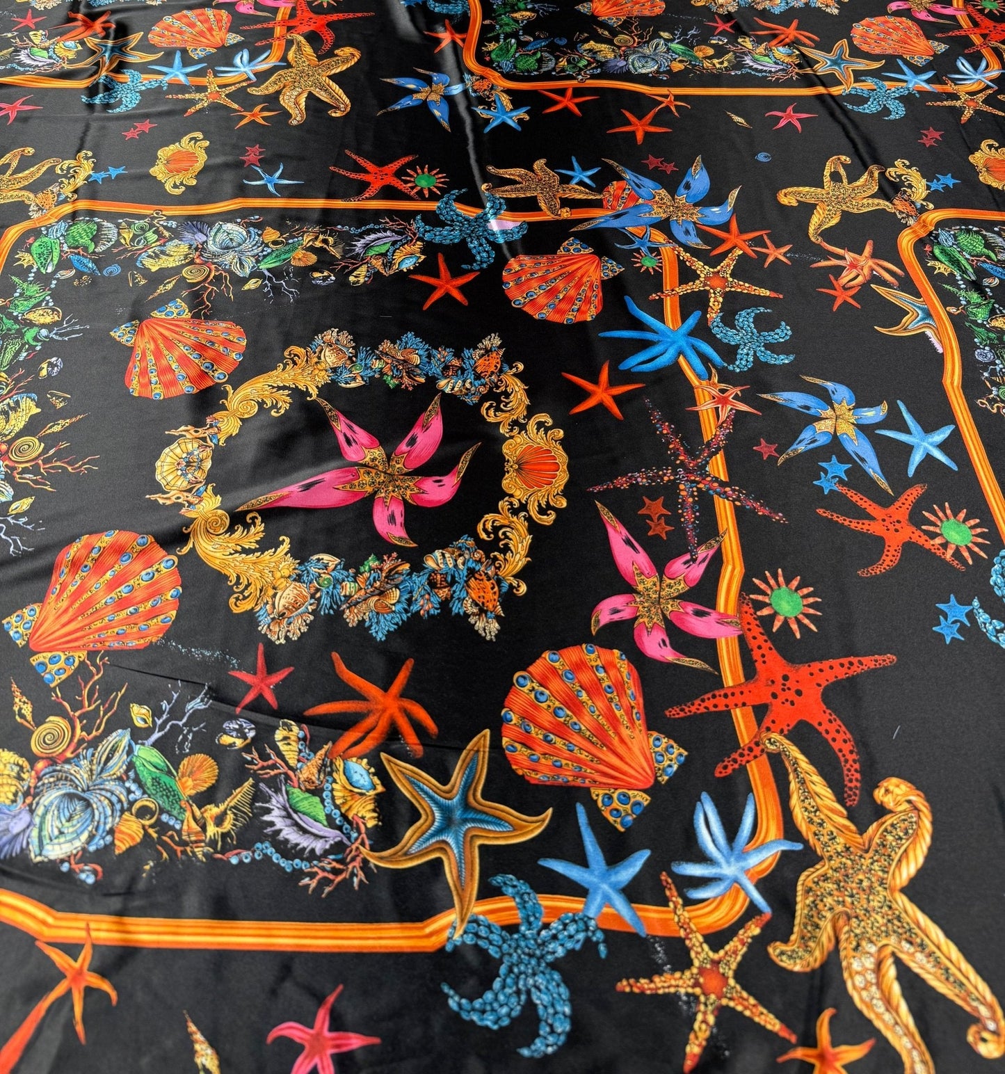 Black  Pink Starfish Sea Shell Pattern Fabric by Metre