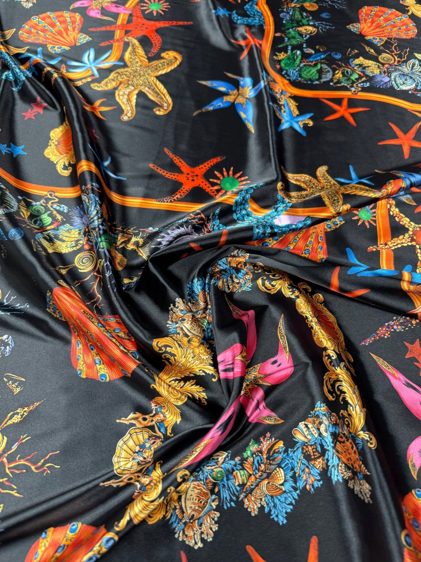 Black  Pink Starfish Sea Shell Pattern Fabric by Metre