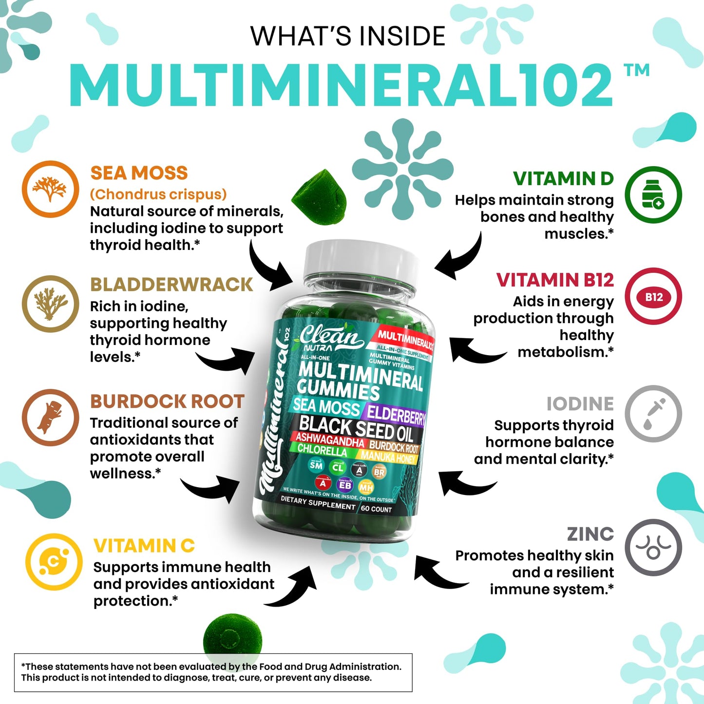 Sea Moss Gummies | Clinically Tested Vegan Irish Sea Moss Gummy Vitamins with Black Seed Oil, Ashwagandha, Elderberry, Burdock Root, Chlorella & Manuka Honey | Green Apple Flavor
