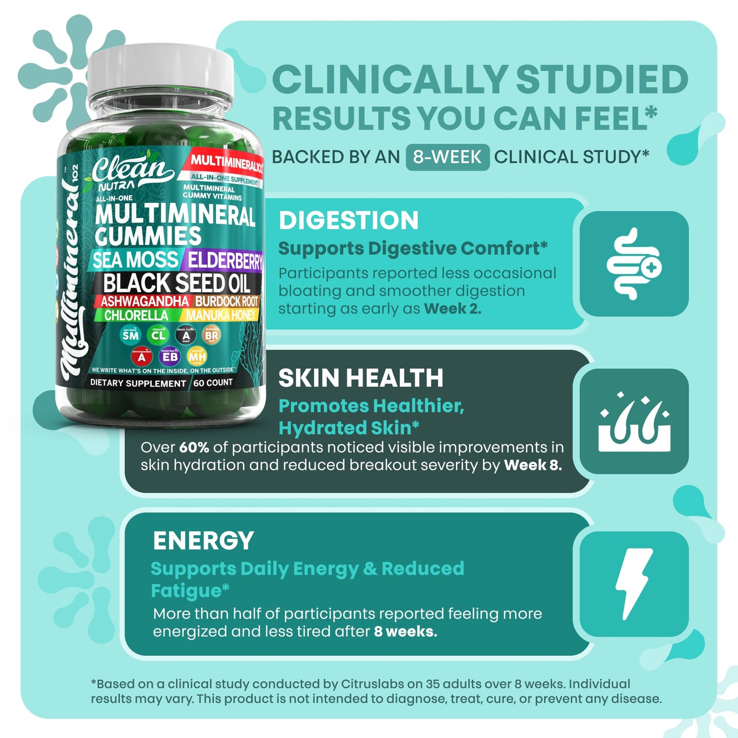 Sea Moss Gummies | Clinically Tested Vegan Irish Sea Moss Gummy Vitamins with Black Seed Oil, Ashwagandha, Elderberry, Burdock Root, Chlorella & Manuka Honey | Green Apple Flavor
