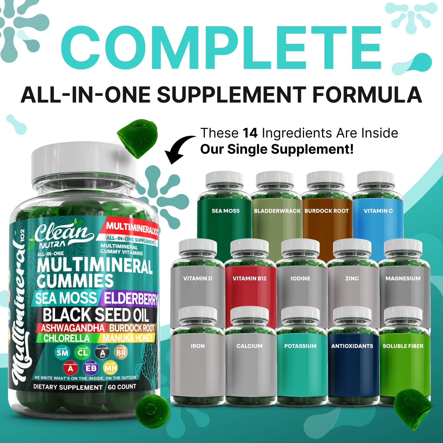 Sea Moss Gummies | Clinically Tested Vegan Irish Sea Moss Gummy Vitamins with Black Seed Oil, Ashwagandha, Elderberry, Burdock Root, Chlorella & Manuka Honey | Green Apple Flavor