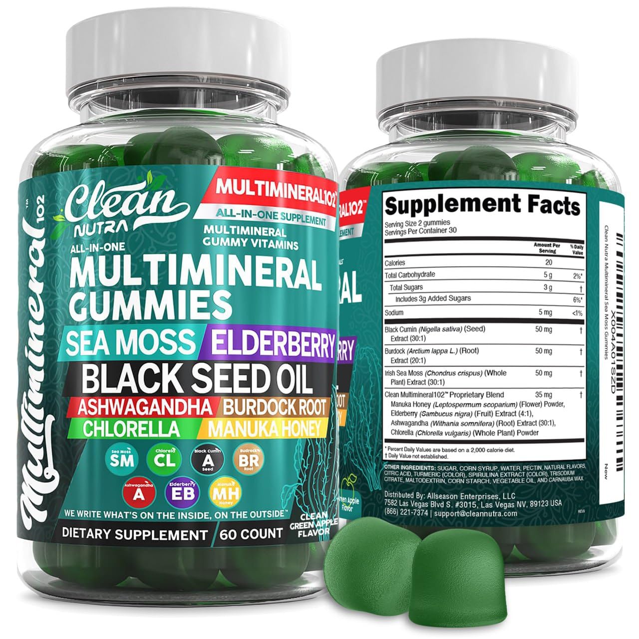 Sea Moss Gummies | Clinically Tested Vegan Irish Sea Moss Gummy Vitamins with Black Seed Oil, Ashwagandha, Elderberry, Burdock Root, Chlorella & Manuka Honey | Green Apple Flavor
