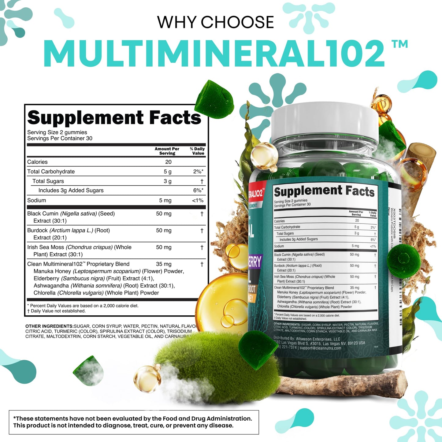 Sea Moss Gummies | Clinically Tested Vegan Irish Sea Moss Gummy Vitamins with Black Seed Oil, Ashwagandha, Elderberry, Burdock Root, Chlorella & Manuka Honey | Green Apple Flavor