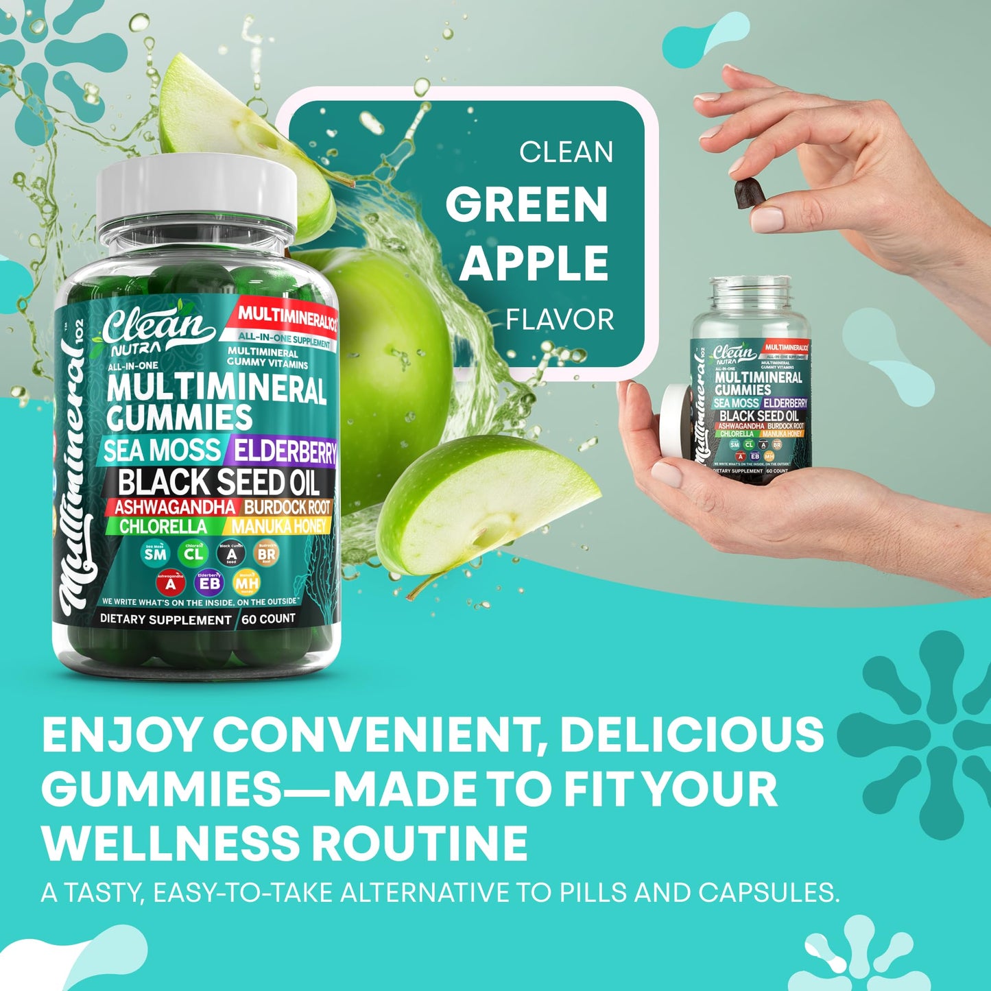 Sea Moss Gummies | Clinically Tested Vegan Irish Sea Moss Gummy Vitamins with Black Seed Oil, Ashwagandha, Elderberry, Burdock Root, Chlorella & Manuka Honey | Green Apple Flavor