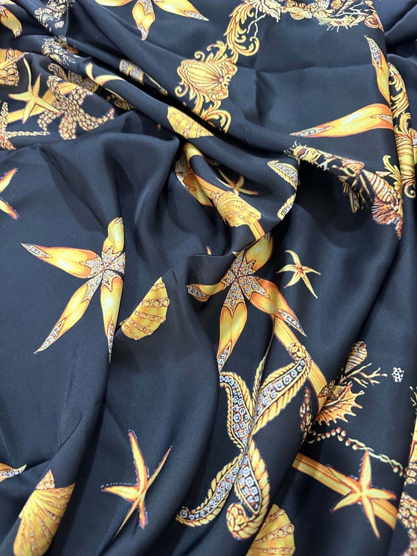 Black Luxury Sea Shell Pattern Fabric – Fabric by Metre, Multiple Options for Sewing & Dressmaking