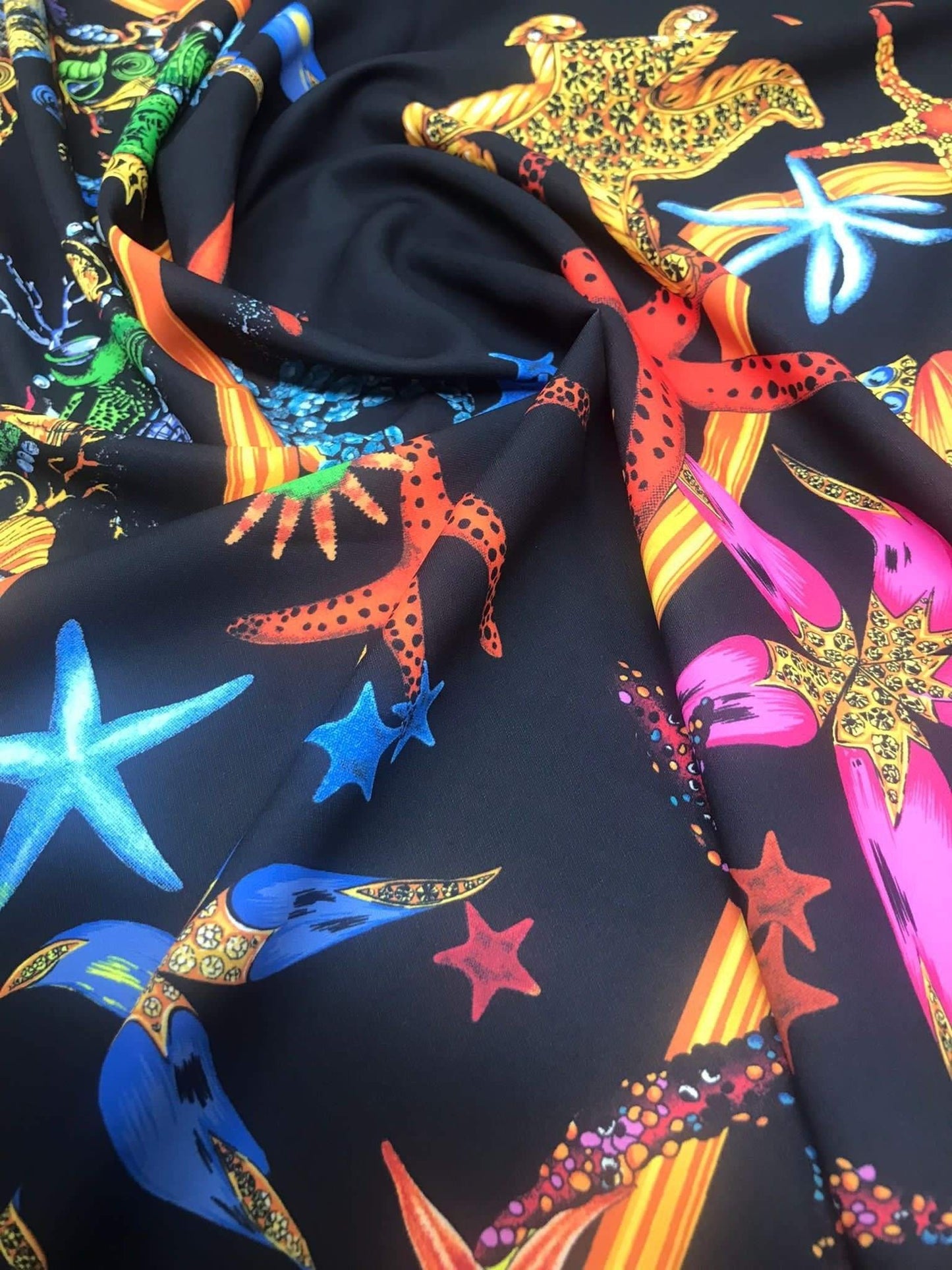 Black  Pink Starfish Sea Shell Pattern Fabric – Custom Printed Fabric, Choose Material by Metre