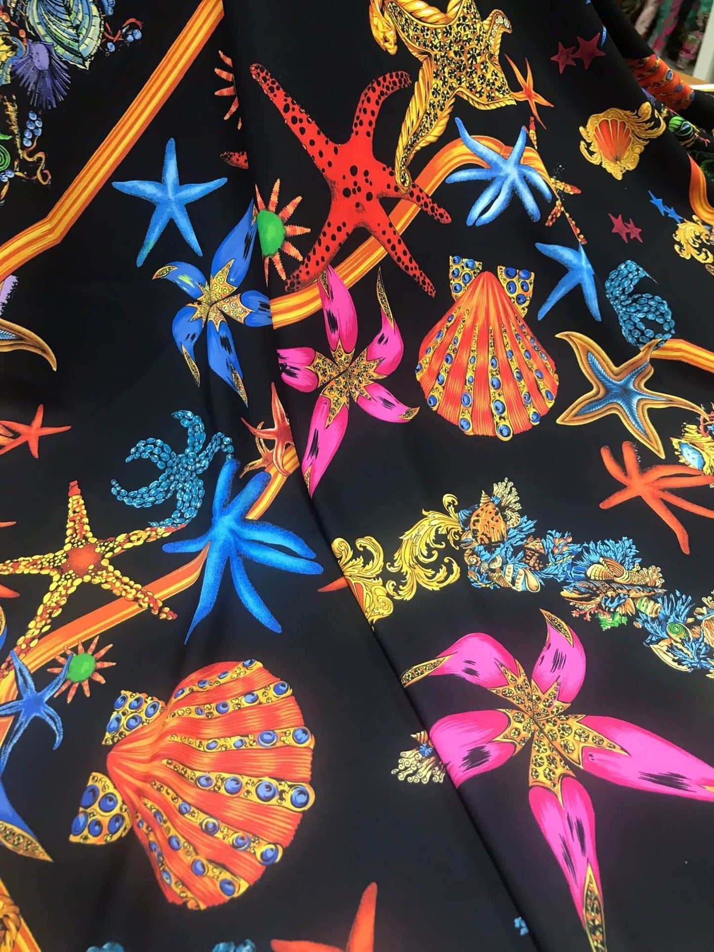 Black  Pink Starfish Sea Shell Pattern Fabric – Custom Printed Fabric, Choose Material by Metre