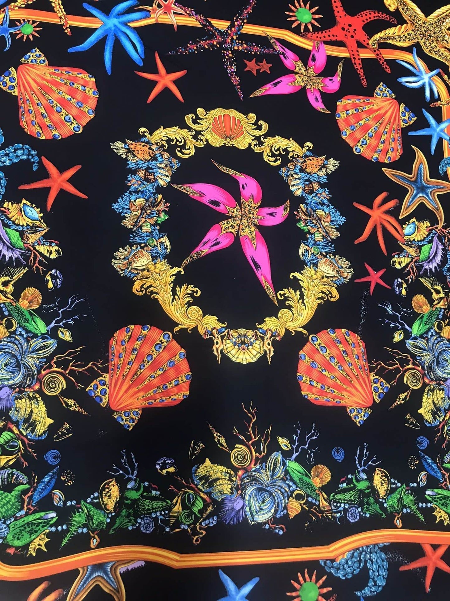 Black  Pink Starfish Sea Shell Pattern Fabric – Custom Printed Fabric, Choose Material by Metre