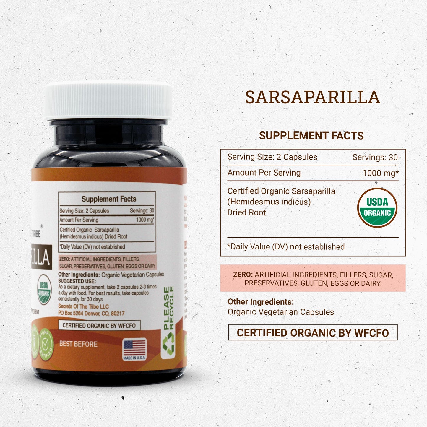 Secrets of the Tribe Sarsaparilla – 60 Capsules (1000 mg) – USDA Organic Sarsaparilla Root