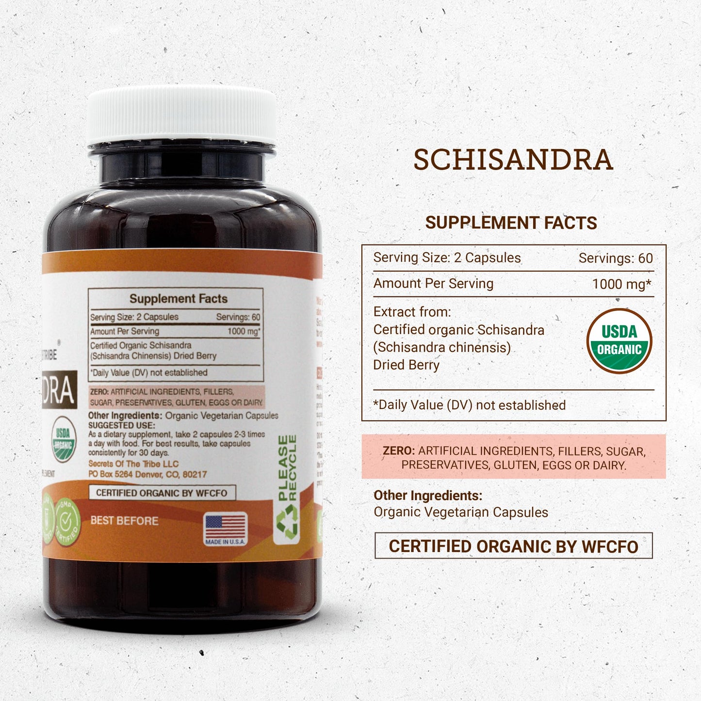 Secrets of the Tribe Schisandra 120 Capsules, 1000 mg, USDA Organic Schisandra (Schisandra Chinensis) Dried Berry (120 Capsules)