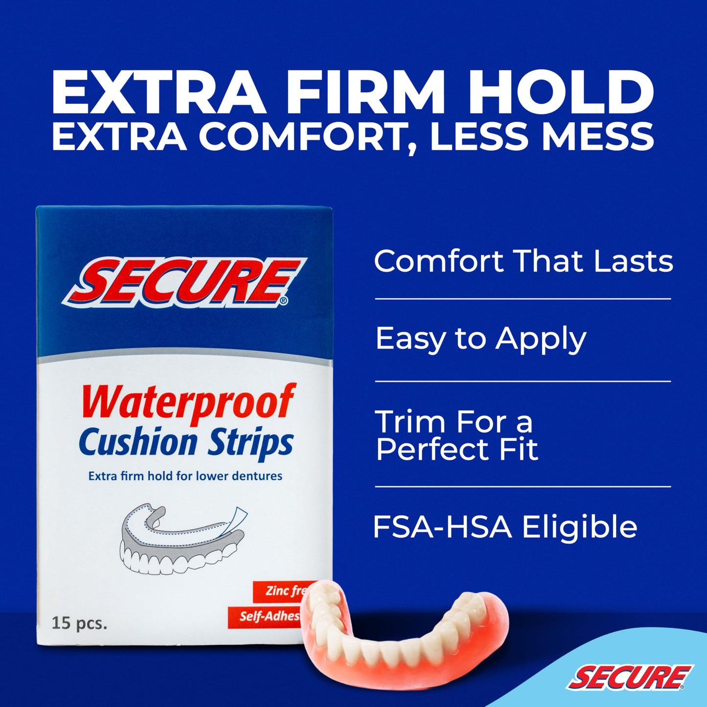 Secure Denture Adhesive Strips – Zinc Free, Waterproof, All-Day Hold – 45 Strips (3 Pack)