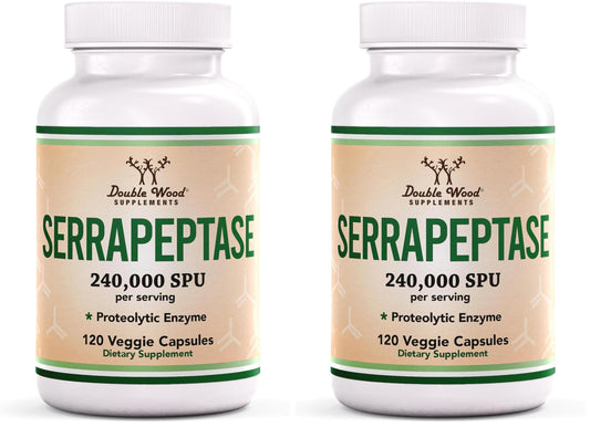 Serrapeptase 240,000 SPU Max Potency – Pack of 2 by Double Wood Supplements (120 Veggie Capsules per Bottle)