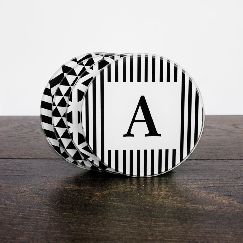 Set Of Four Glass Coasters - Black & White Design