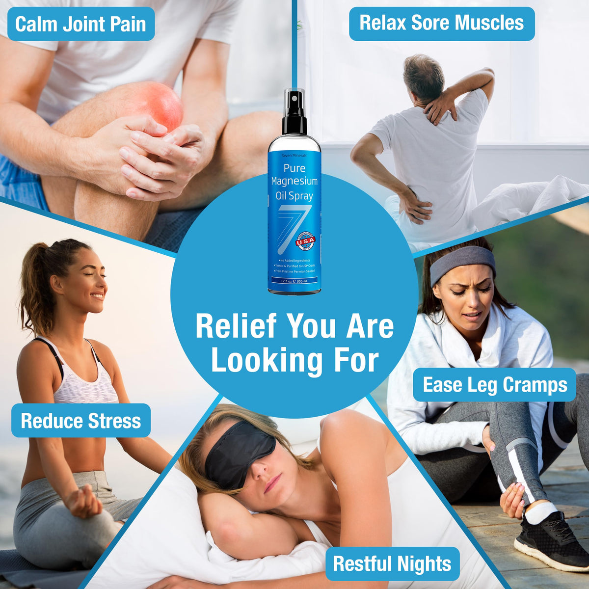 Seven Minerals Magnesium Oil Spray 12oz – USP Grade, Extra Strength, Made in USA | Sleep, Muscle Pain & Cramps