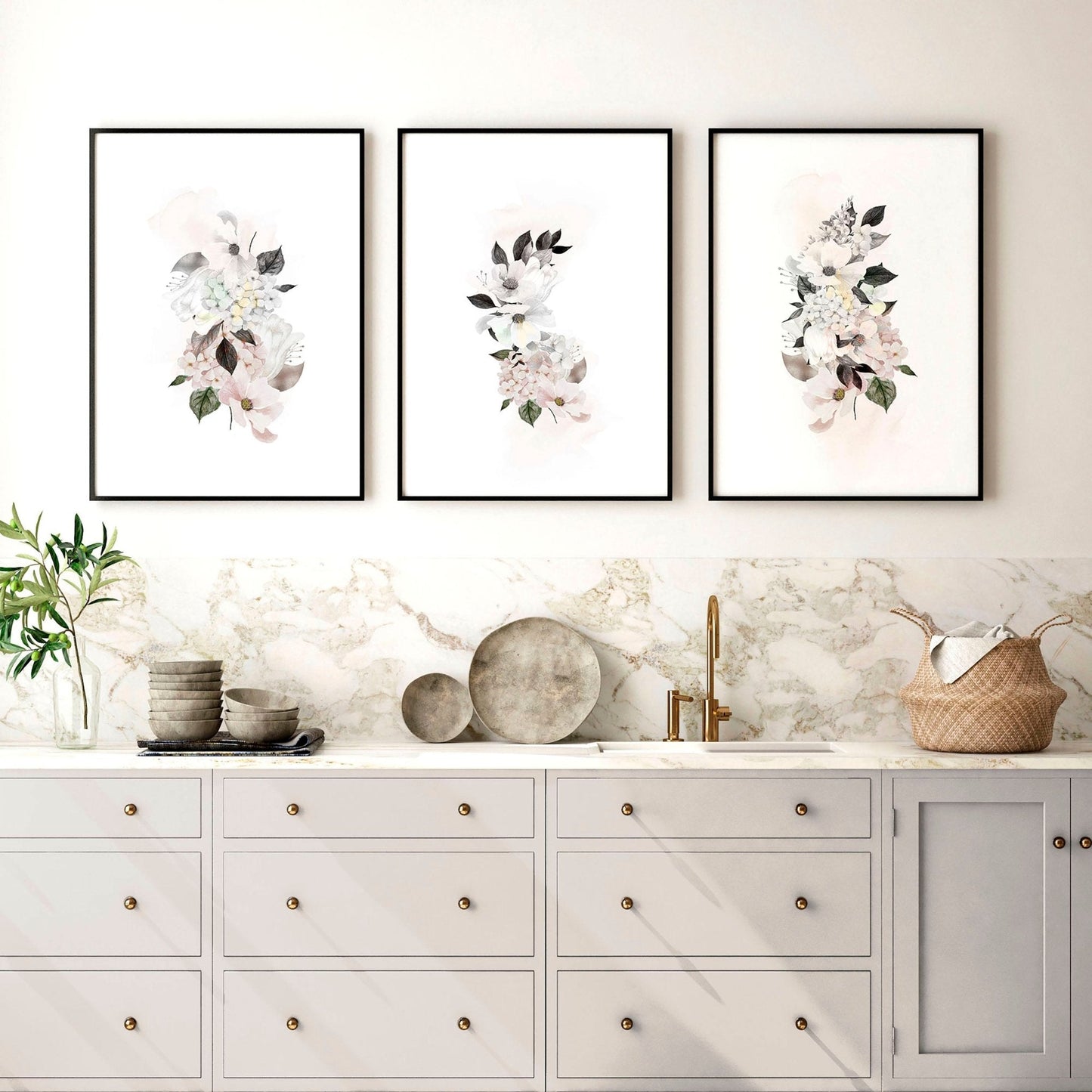 Art for kitchen wall | set of 3 Shabby Chic Floral art prints