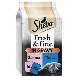 Sheba Fresh and Fine Wet Cat Food Pouches Salmon and Tuna in Gravy 6 x 50g - Case of 8