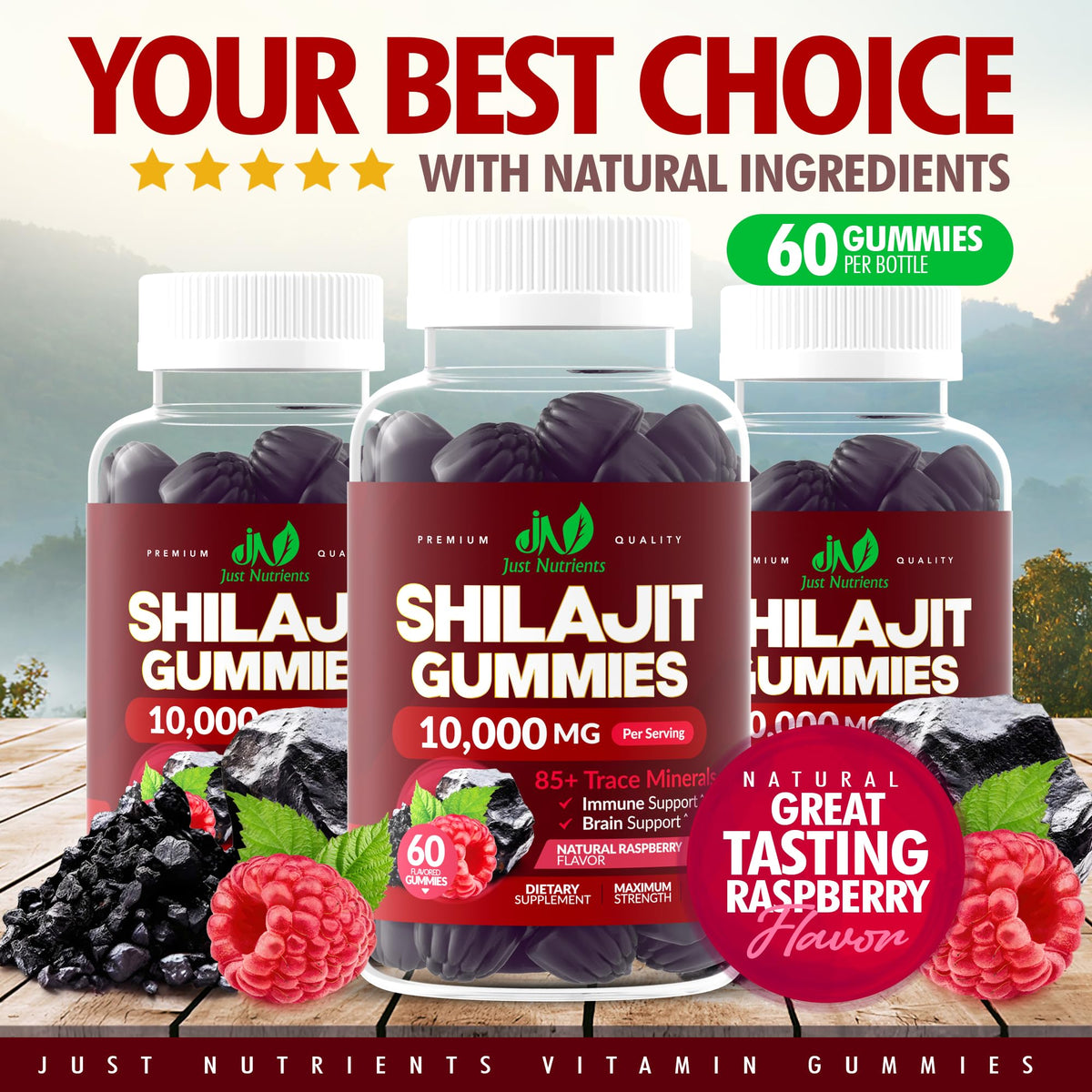 Shilajit Gummies 10,000mg – Maximum Strength Raspberry (Gluten-Free, Non-GMO)
