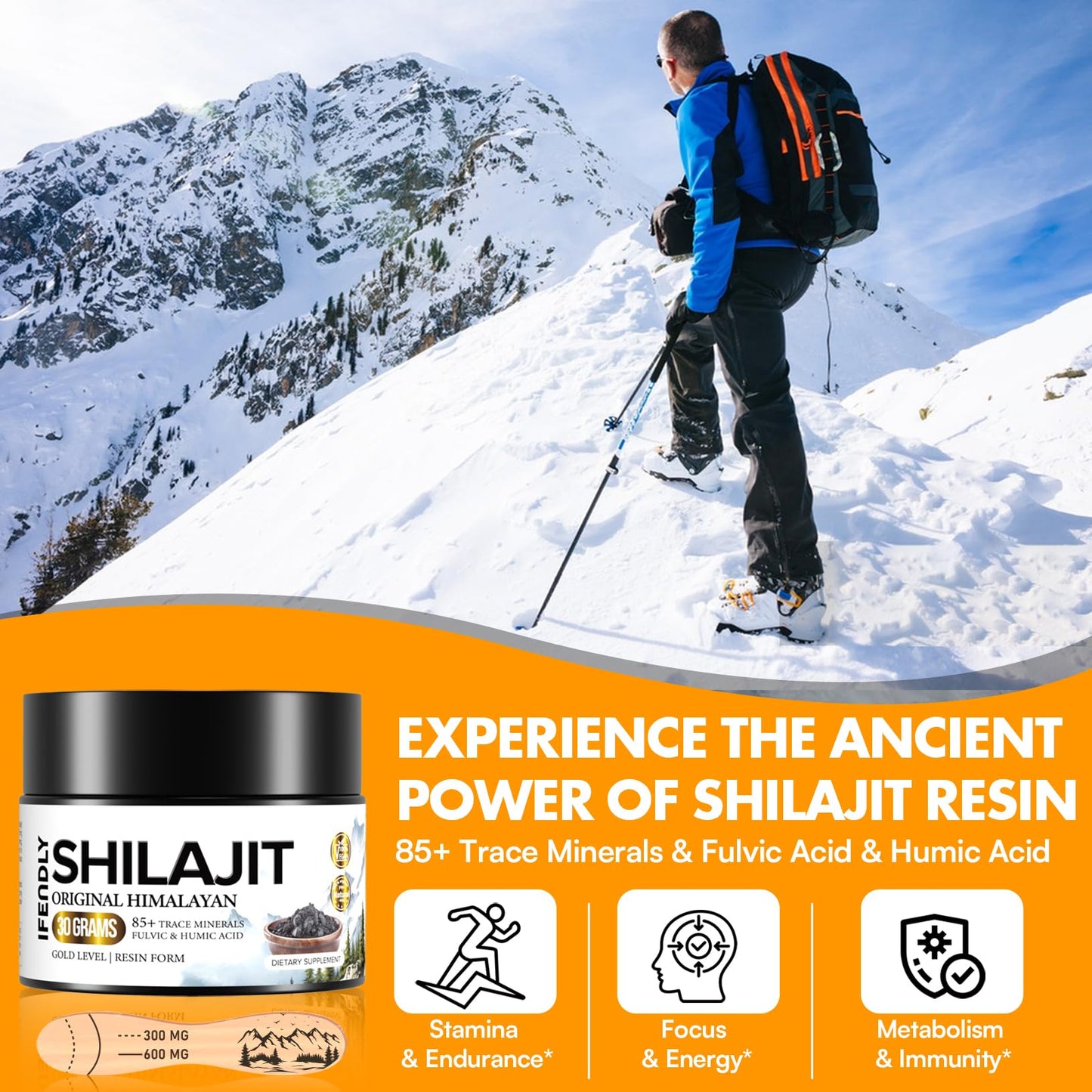 Shilajit Resin 600mg Gold Grade – 85+ Minerals, Fulvic & Humic Acids, 50 Servings