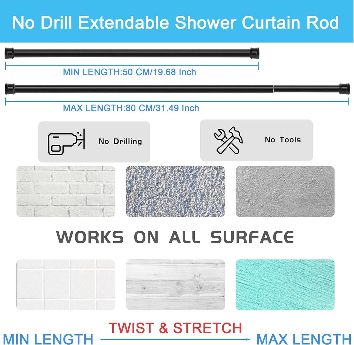 Shower Curtain Rod No Drill Extendable 110-200cm 25mm Bathroom Aiitomg