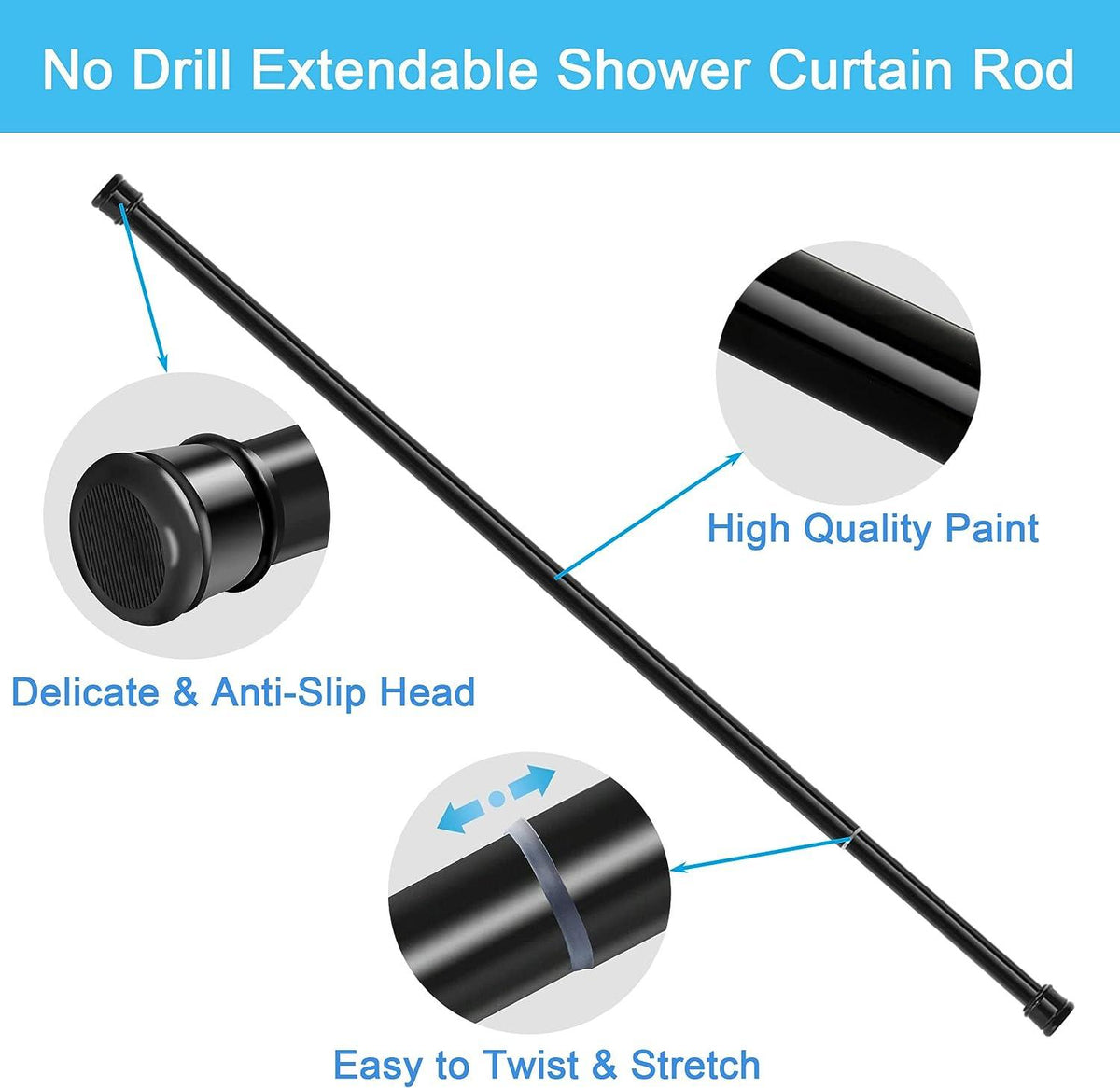 Shower Curtain Rod No Drill Extendable 110-200cm 25mm Bathroom Aiitomg
