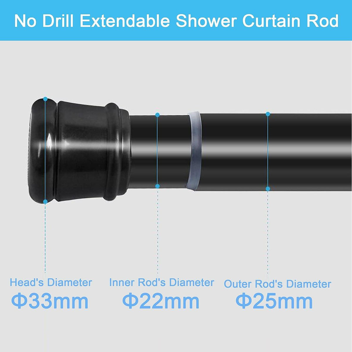 Shower Curtain Rod No Drill Extendable 110-200cm 25mm Bathroom Aiitomg