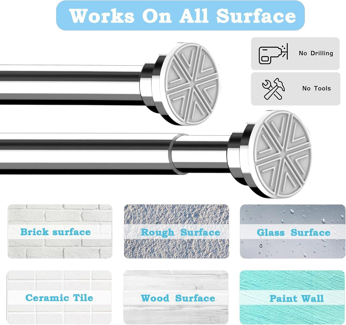 Shower Curtain Rod Stainless Steel No Drill Extendable 50-80cm 25mm Aiitomg