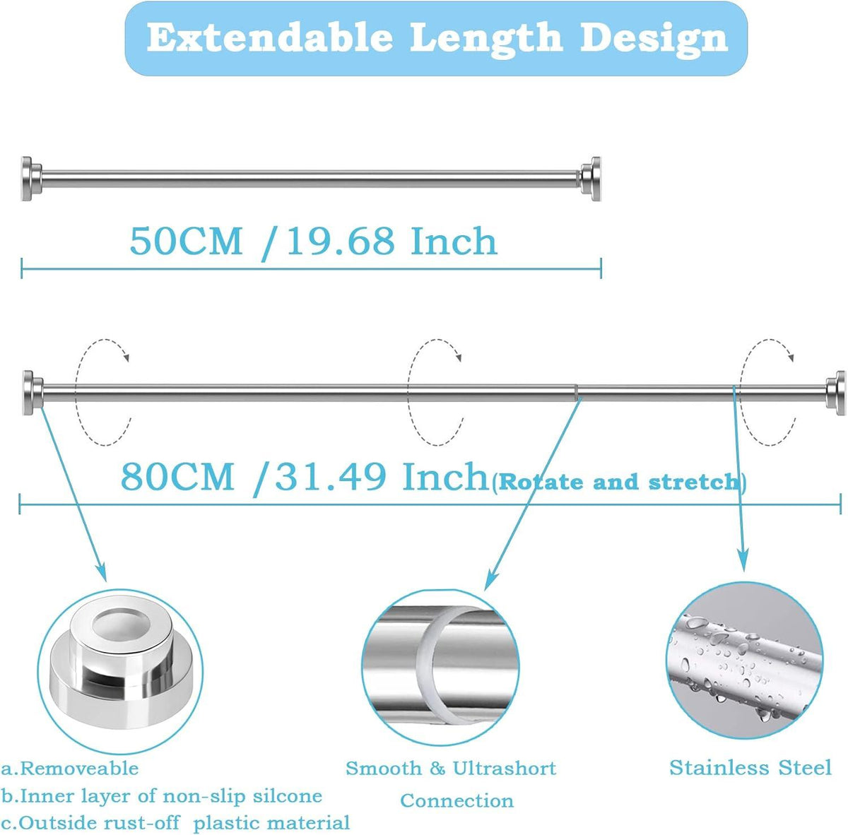 Shower Curtain Rod Stainless Steel No Drill Extendable 50-80cm 25mm Aiitomg