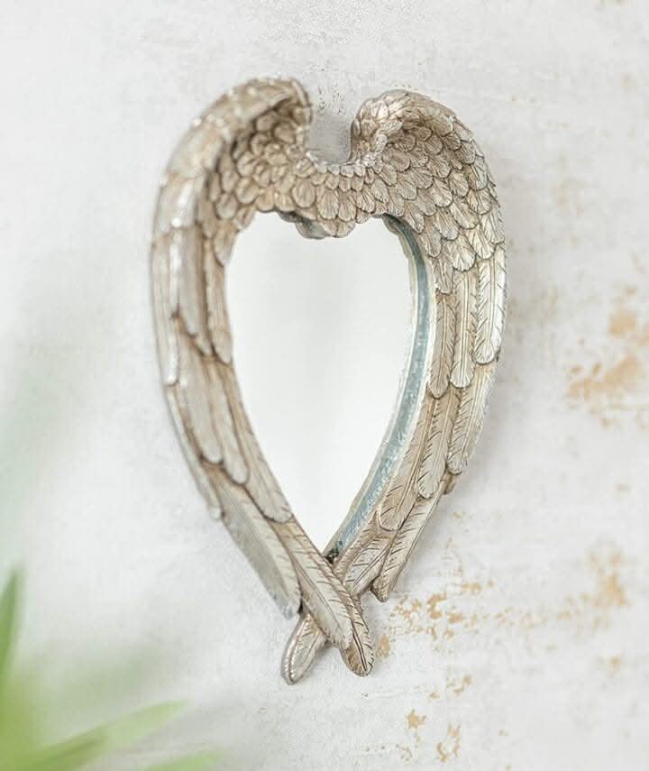 Silver Feathered Angel Wings Heart Shaped Decorative Wall Mirror
