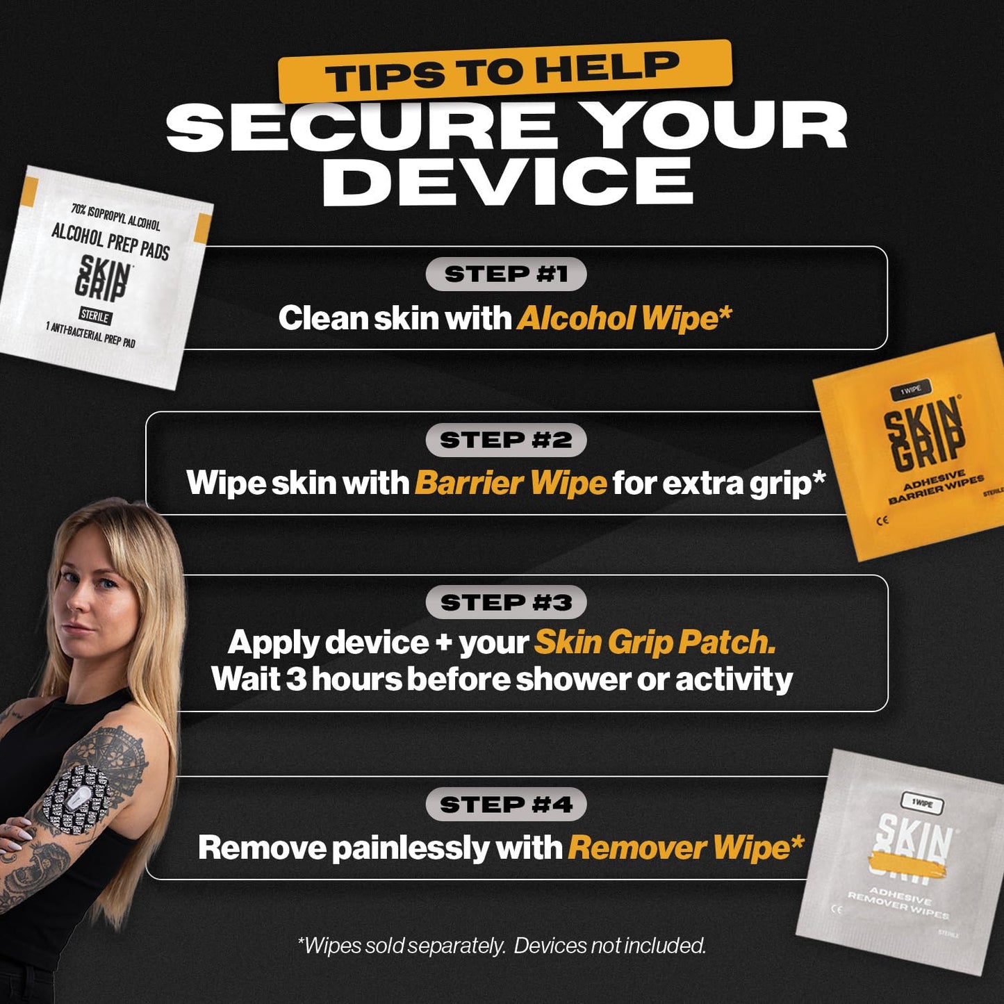 Skin Grip Adhesive Barrier Wipes – 50 Wipes for CGM, Ostomy & Wound Care