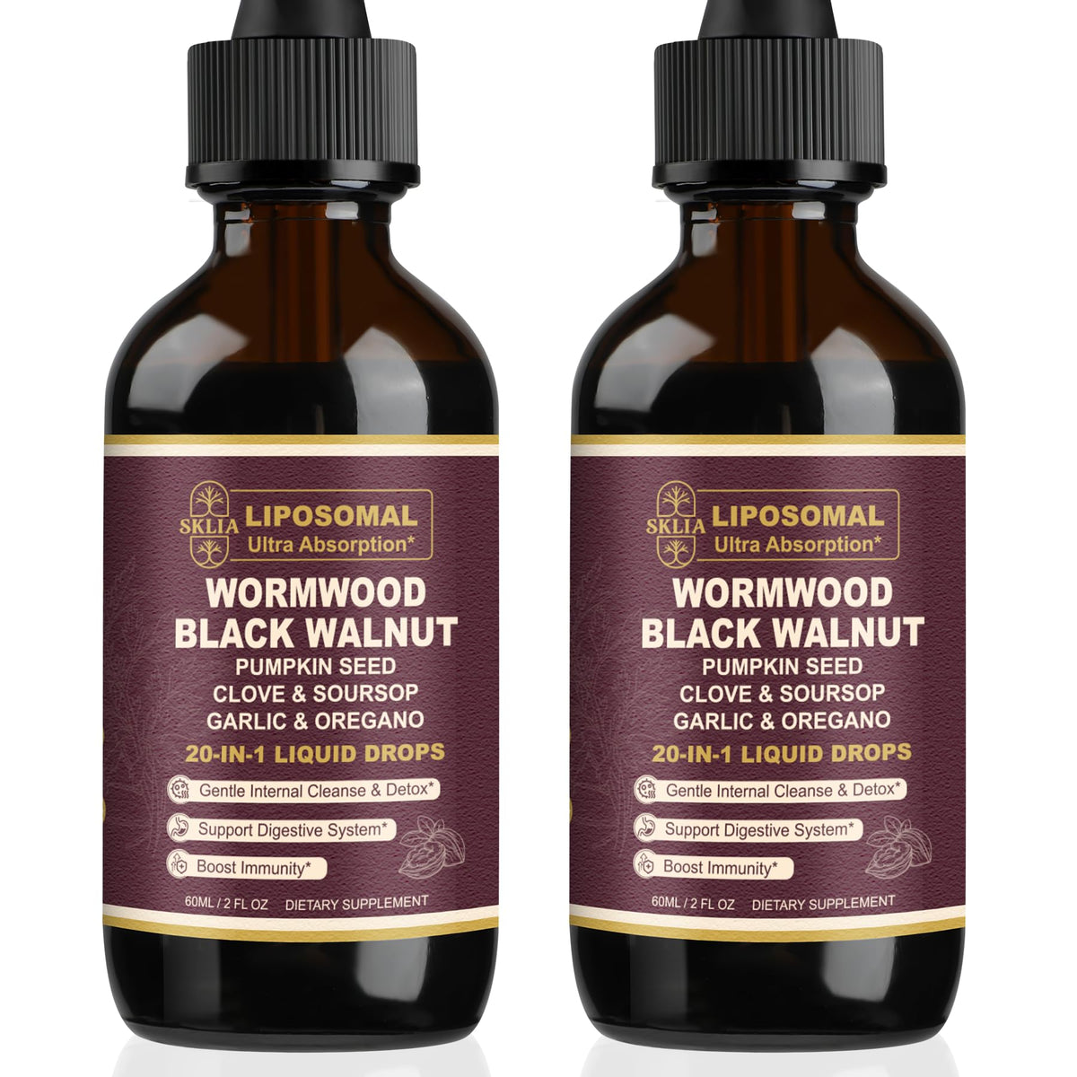 SKLIA 20-in-1 Liposomal Wormwood Cleanse Drops – Rapid Gut Cleanse & Digestive Support (2P)