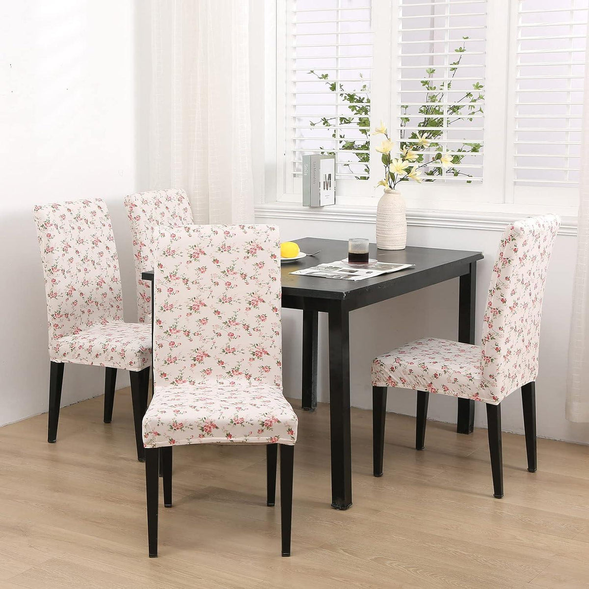 Pink Floral Stretch Chair Covers, Spandex Slipcovers for Dining Chairs (4 Pack)