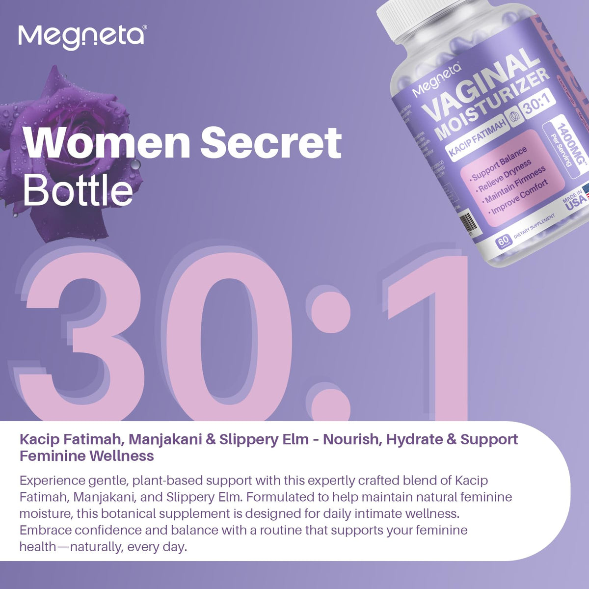 MEGNETA Vaginal Moisturizer Capsules – Kacip Fatimah 1000mg & Manjakani 200mg, Slippery Elm, Vegan (120 Capsules)