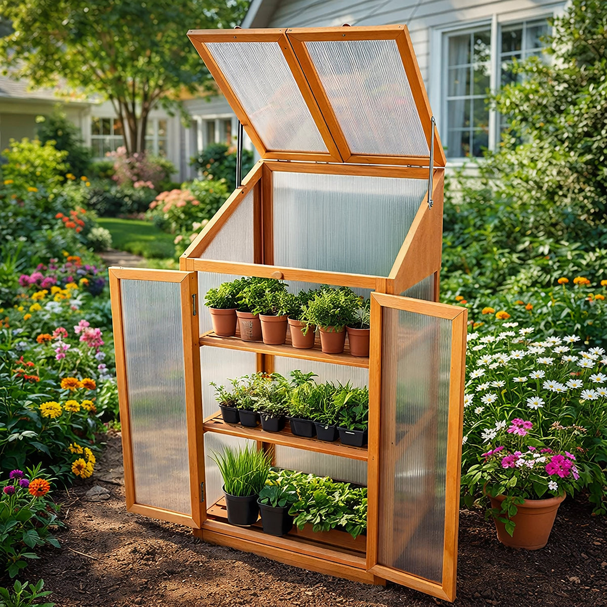 Large 3 Tier Wooden Garden Greenhouse with Polycarbonate Panels
