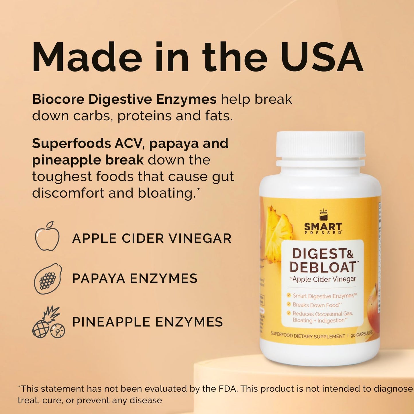 SMART Digestive Enzymes – Debloat & Fast-Acting Formula for Acid Reflux, Indigestion, Gas & Bloat | Apple Cider Vinegar, 90 Capsules, Made in USA