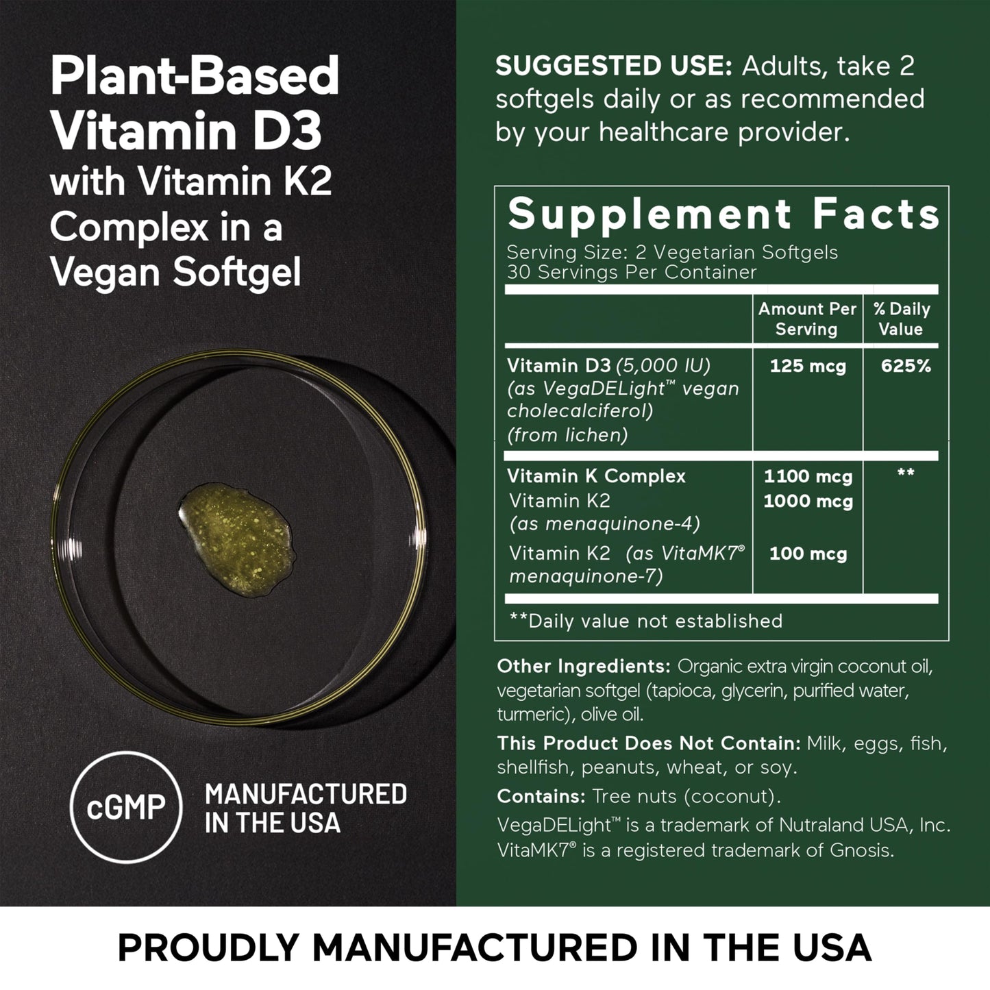 SMARTERNUTRITION Vegan Vitamin D3 5000 IU + Vitamin K2 1100 mcg – Organic Coconut & Olive Oil Softgels (180) 90 Day Supply