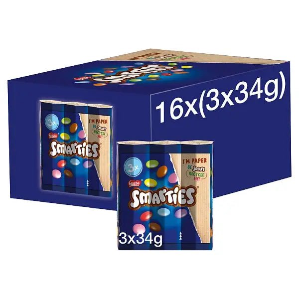 Smarties Milk Chocolate Tube 3 Pack Multipack 102g (Case of 16)