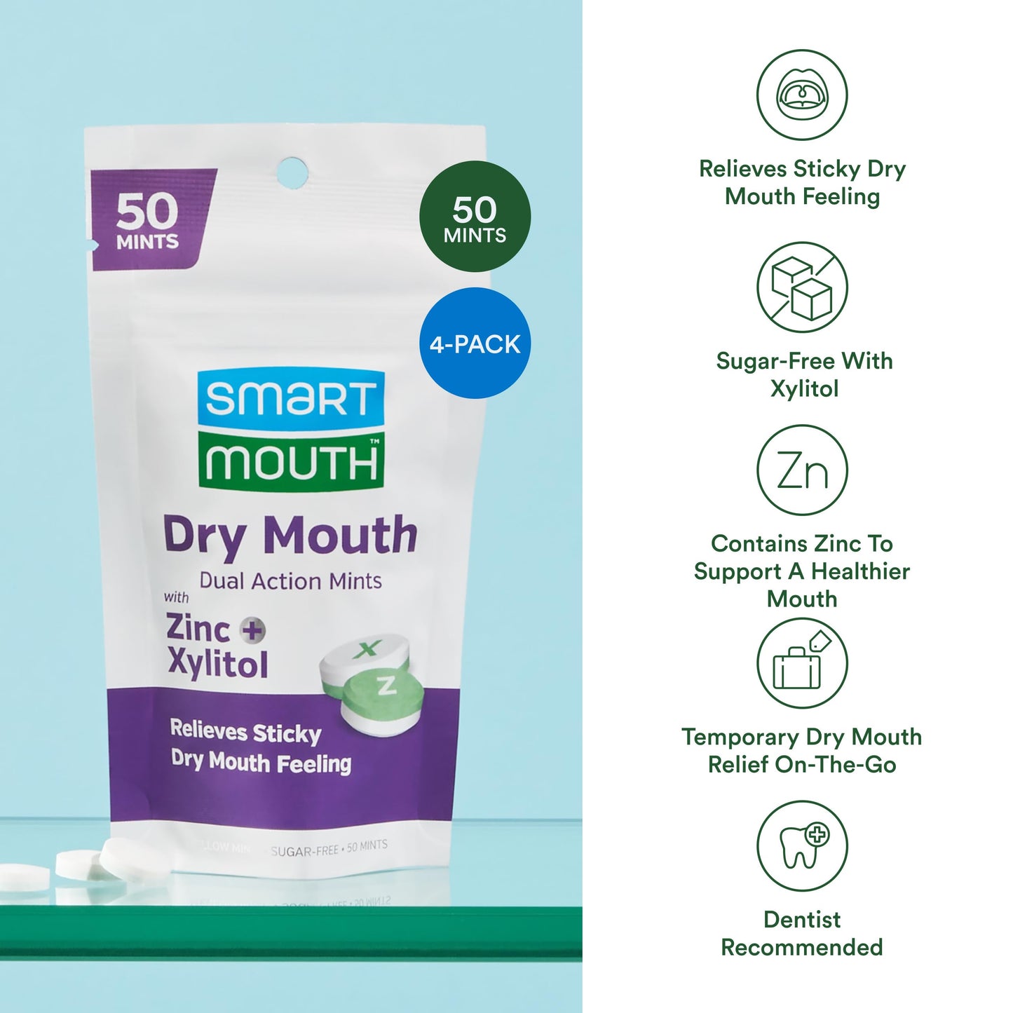 SmartMouth Dry Mouth Dual-Action Mints - Sugar-Free (50 Count, 4 Pack) - Mellow Mint