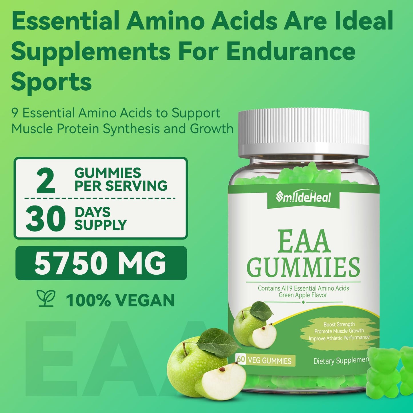 SmideHeal EAA Gummies – 5750 mg Essential Amino Acids (9 EAAs & BCAAs) – Apple Flavor, 60 Gummies
