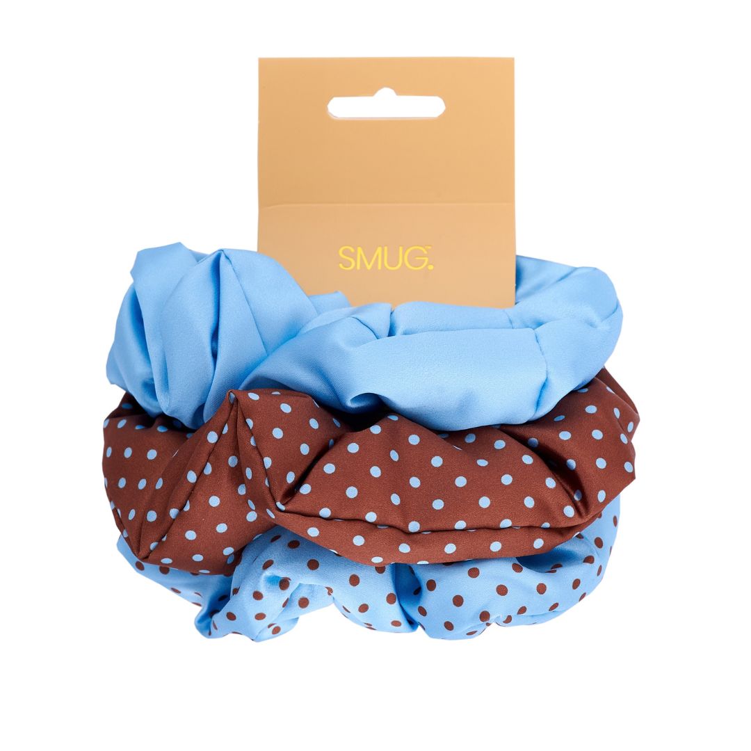 Cloud Satin Hair Scrunchie Set (set of 3) - Mocha Blue Polka Dot