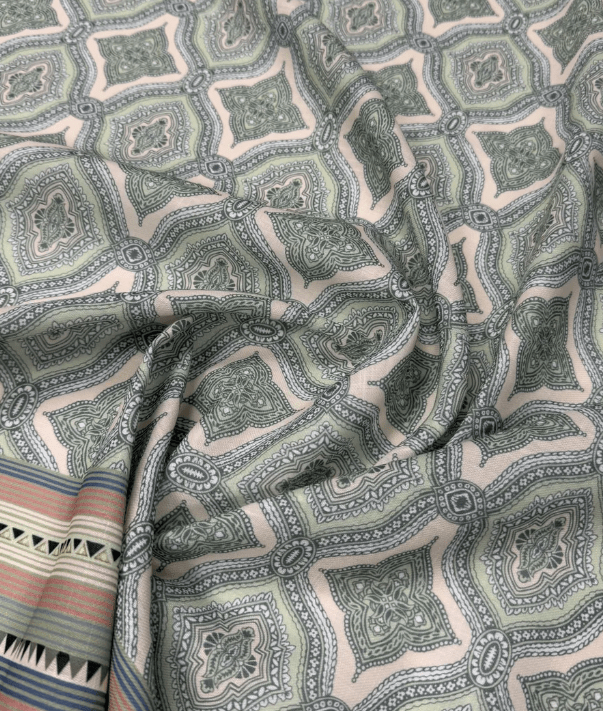 Soft Green and Pink Ethnic Pattern with Border Stripes Fabric by Metre