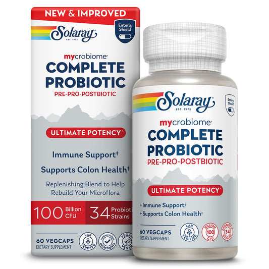 SOLARAY Mycrobiome Complete Probiotic Ultimate Potency – 100B CFU, 34 Strains, 60 VegCaps, Vegan