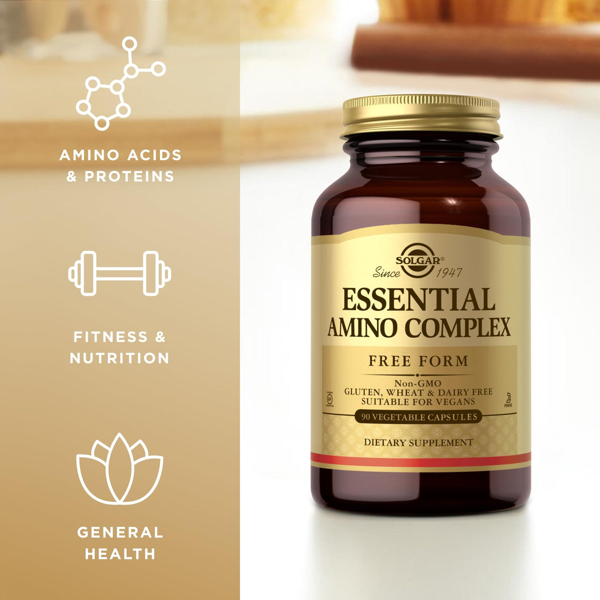 Solgar Essential Amino Complex, 90 Vegetable Capsules (Pack of 3) - Free Form Essential Amino Acids - Non-GMO, Vegan, Gluten Free, Dairy Free, Kosher - 270 Total Servings