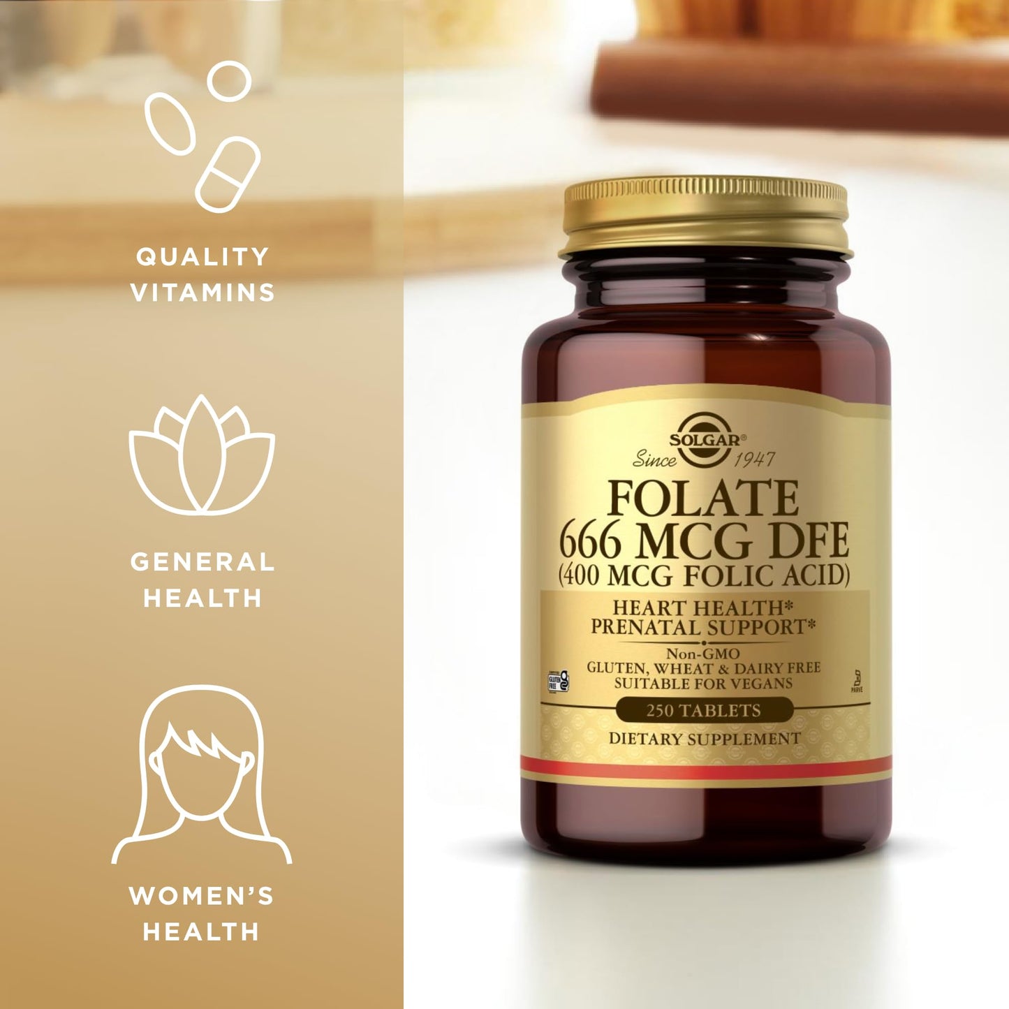 Solgar Folate 666 mcg DFE (Folic Acid 400 mcg) – 250 Tablets | Prenatal Support | Non-GMO, Vegan, Gluten Free, Dairy Free, Kosher