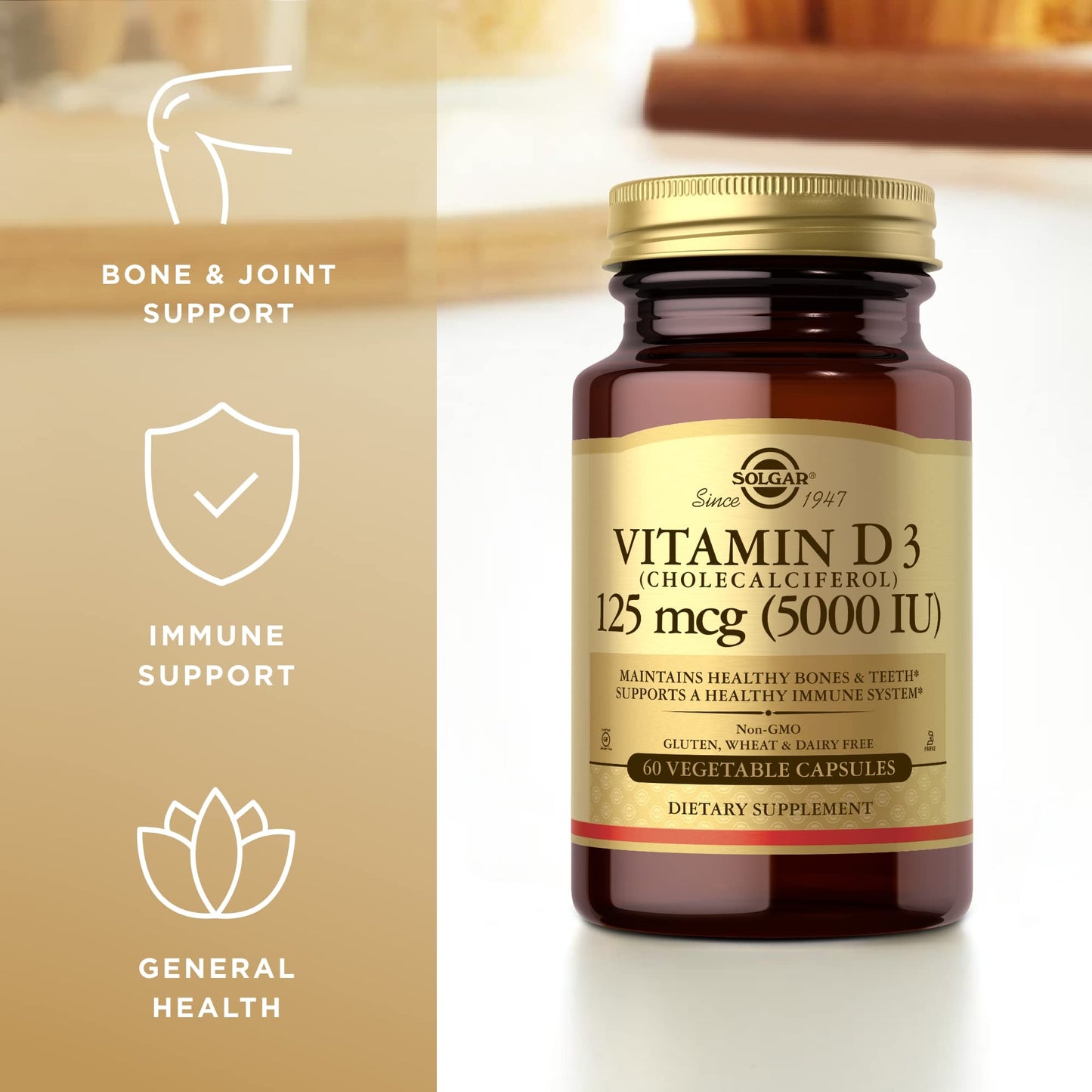 Solgar Vitamin D3 125 mcg (5000 IU) - 60 Veggie Capsules | Bone & Immune Support
