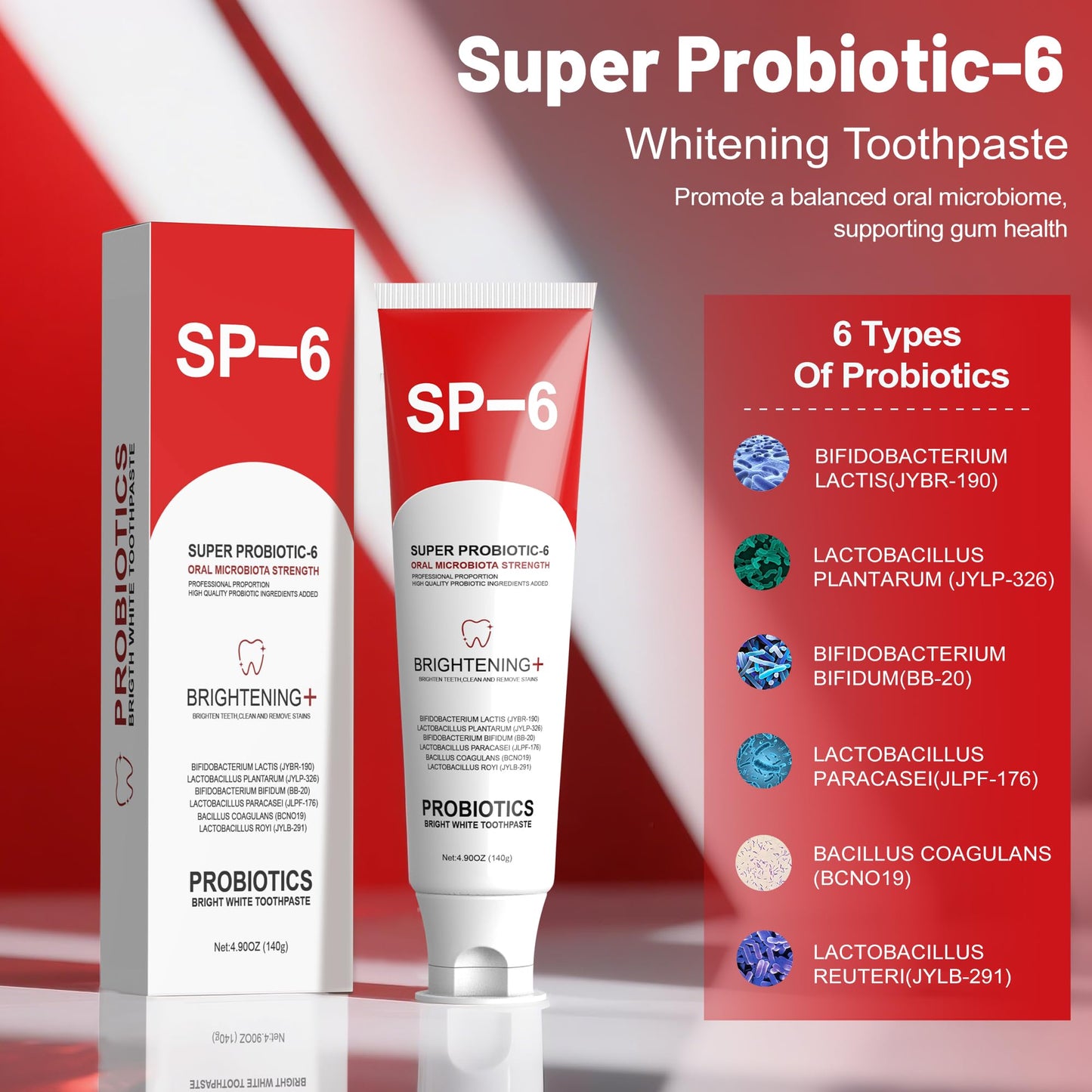 SP-6 Probiotic Whitening Toothpaste – 4.9 oz, 6 Probiotics, Fluoride-Free, Minty Fresh