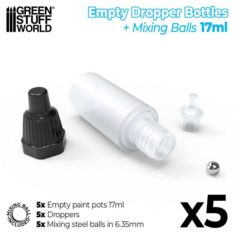 17ml Empty Paint Pots with Mixing Balls - 5pc | Green Stuff World